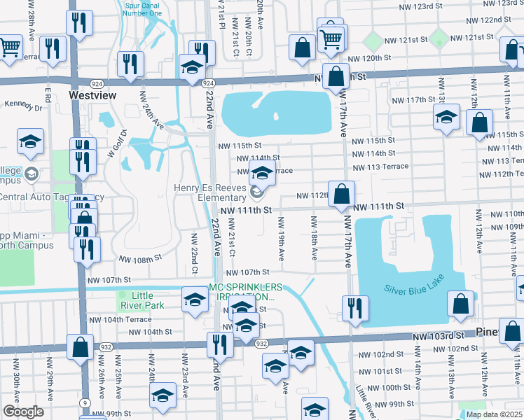 map of restaurants, bars, coffee shops, grocery stores, and more near 2005 Northwest 111th Street in Miami