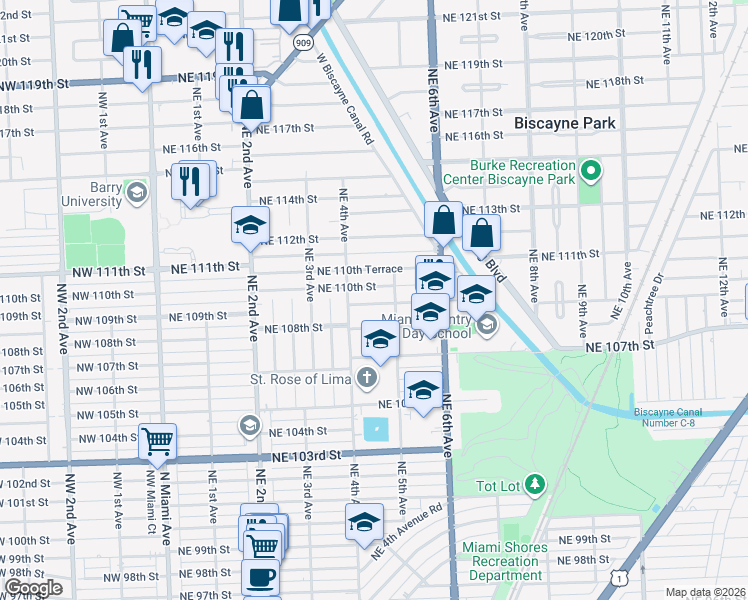 map of restaurants, bars, coffee shops, grocery stores, and more near 455 Northeast 109th Street in Miami