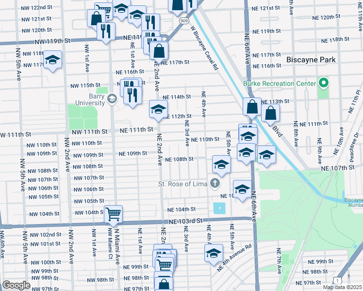 map of restaurants, bars, coffee shops, grocery stores, and more near 11005 Northeast 3rd Avenue in Miami