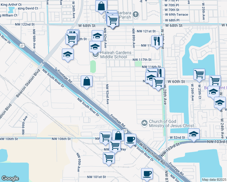 map of restaurants, bars, coffee shops, grocery stores, and more near 9115 Northwest 113th Street in Hialeah Gardens
