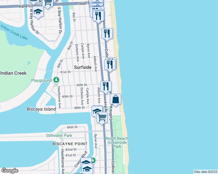 map of restaurants, bars, coffee shops, grocery stores, and more near 8995 Collins Avenue in Surfside