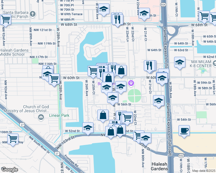 map of restaurants, bars, coffee shops, grocery stores, and more near 2414 West 60th Street in Hialeah