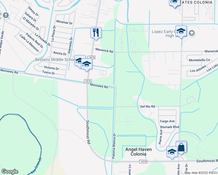 map of restaurants, bars, coffee shops, grocery stores, and more near 3564-3698 Paloma Blanca Drive in Brownsville