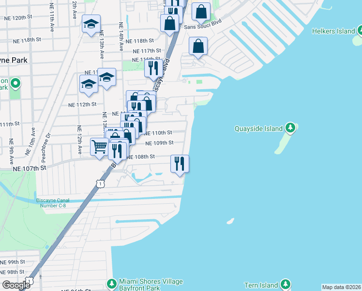 map of restaurants, bars, coffee shops, grocery stores, and more near 10933 North Bayshore Drive in Miami
