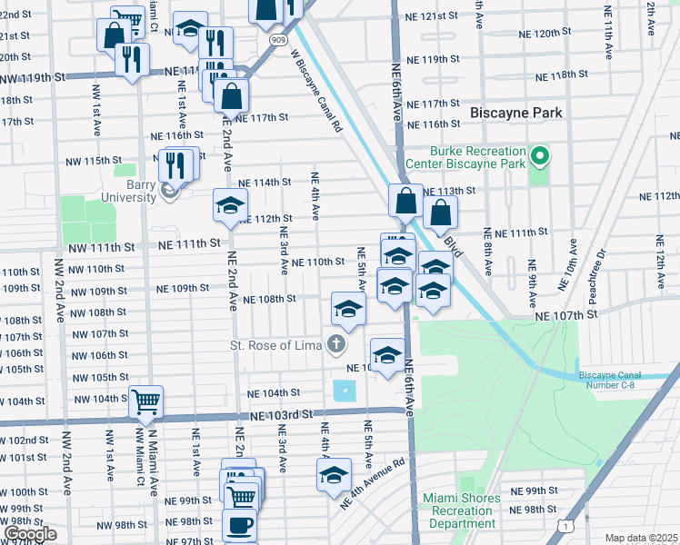 map of restaurants, bars, coffee shops, grocery stores, and more near 471 Northeast 110th Street in Miami