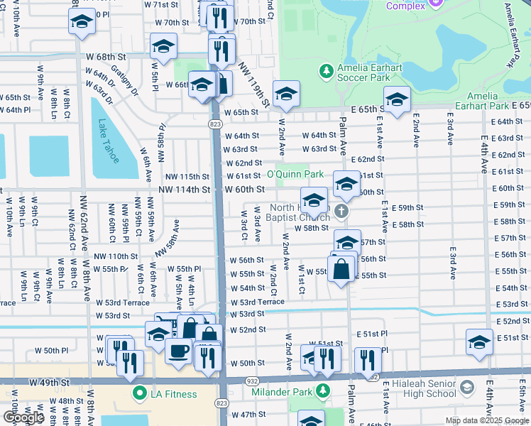 map of restaurants, bars, coffee shops, grocery stores, and more near 241 West 59th Street in Hialeah