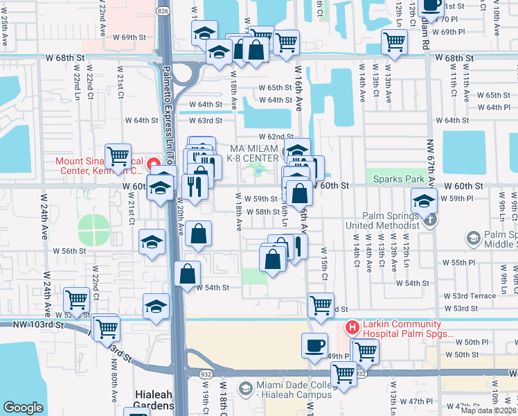 map of restaurants, bars, coffee shops, grocery stores, and more near 1713 West 59th Street in Hialeah