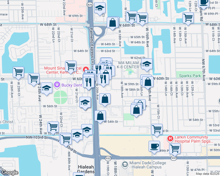 map of restaurants, bars, coffee shops, grocery stores, and more near 5936 West 18th Lane in Hialeah