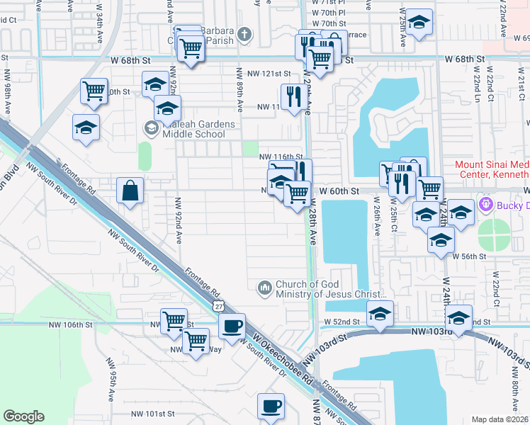 map of restaurants, bars, coffee shops, grocery stores, and more near 11325 Northwest 88th Avenue in Hialeah