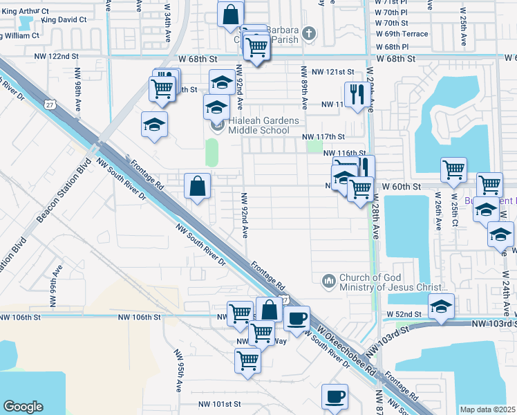 map of restaurants, bars, coffee shops, grocery stores, and more near 9115 Northwest 113th Street in Hialeah Gardens