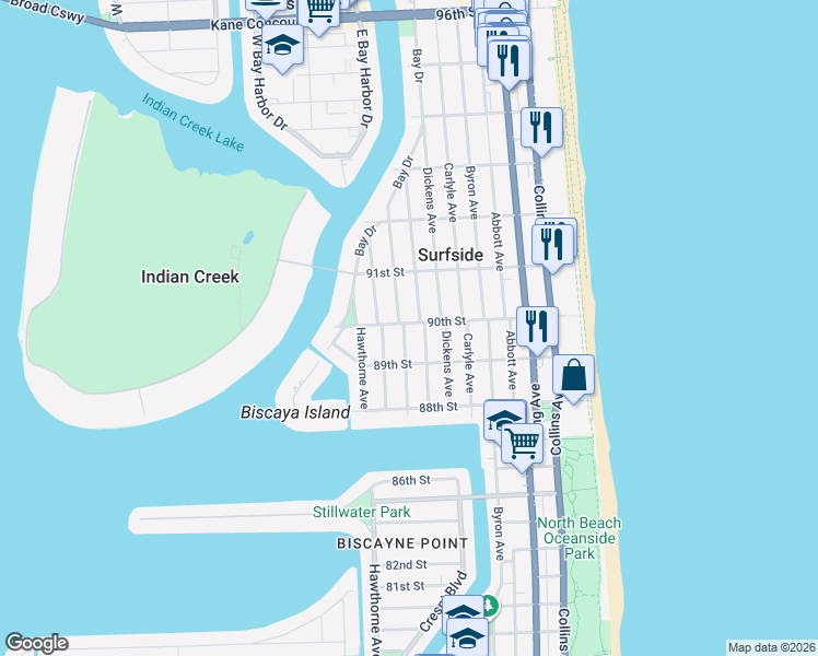 map of restaurants, bars, coffee shops, grocery stores, and more near 9016 Emerson Avenue in Surfside