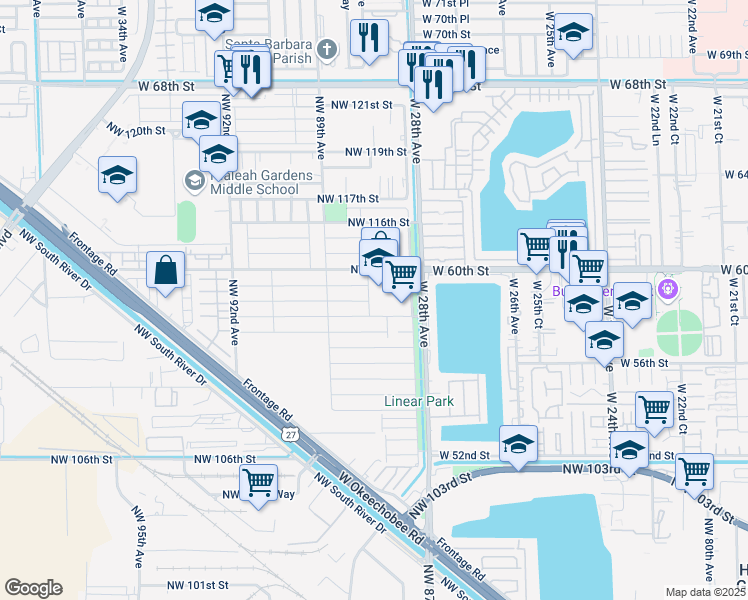 map of restaurants, bars, coffee shops, grocery stores, and more near 11249 Northwest 88th Avenue in Hialeah Gardens