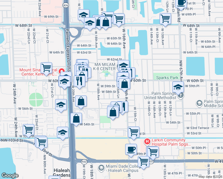 map of restaurants, bars, coffee shops, grocery stores, and more near 1713 West 59th Street in Hialeah