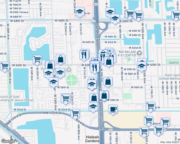 map of restaurants, bars, coffee shops, grocery stores, and more near 5950 West 20th Lane in Hialeah