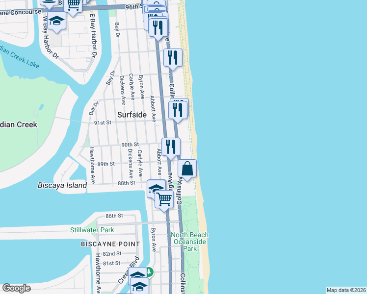 map of restaurants, bars, coffee shops, grocery stores, and more near in Surfside