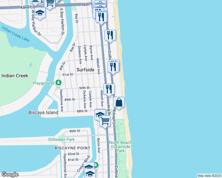 map of restaurants, bars, coffee shops, grocery stores, and more near 9017 Harding Avenue in Surfside