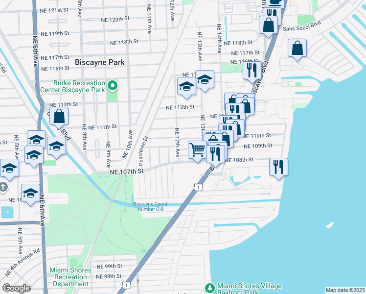 map of restaurants, bars, coffee shops, grocery stores, and more near 1210 Northeast 110th Street in Miami
