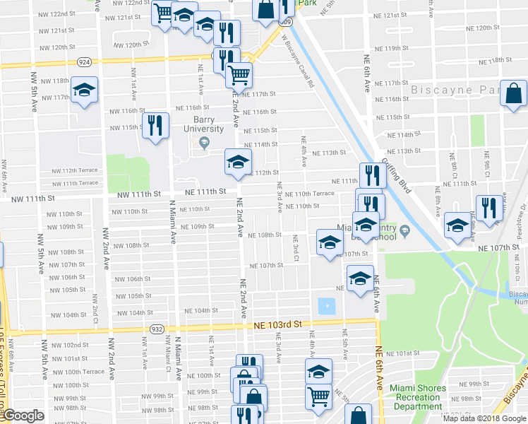 map of restaurants, bars, coffee shops, grocery stores, and more near 240 Northeast 110th Terrace in Miami