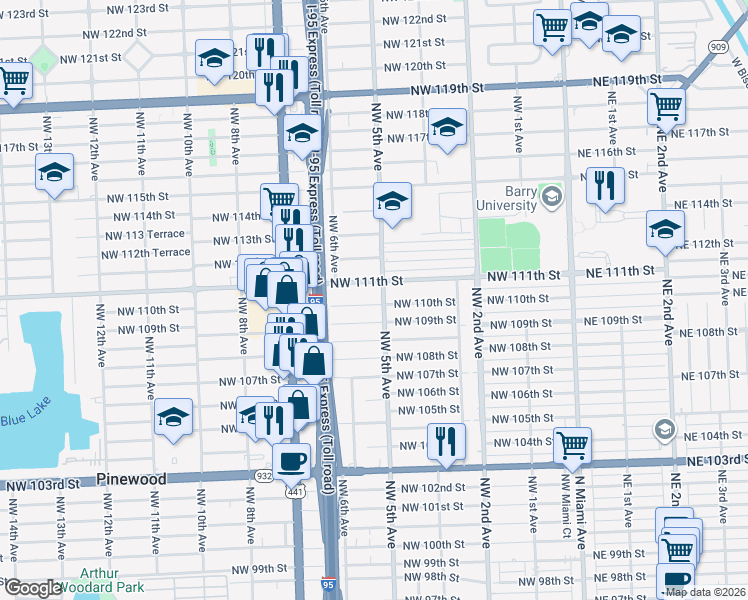 map of restaurants, bars, coffee shops, grocery stores, and more near 11030 Northwest 5th Avenue in Miami