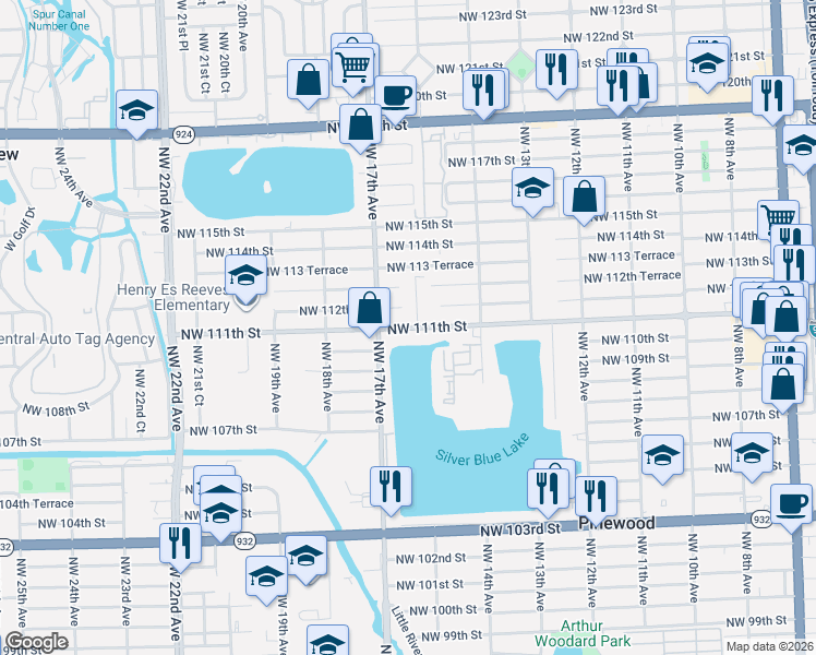 map of restaurants, bars, coffee shops, grocery stores, and more near 11111 Northwest 15th Court in Miami