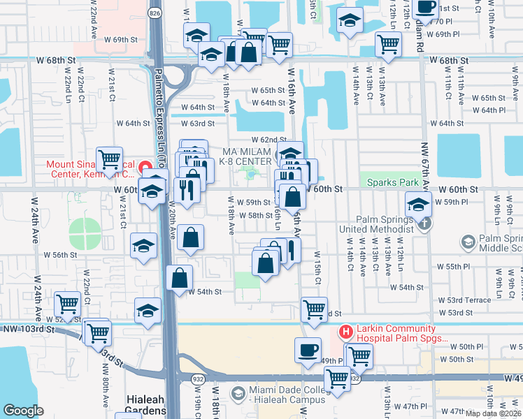 map of restaurants, bars, coffee shops, grocery stores, and more near 1713 West 59th Street in Hialeah