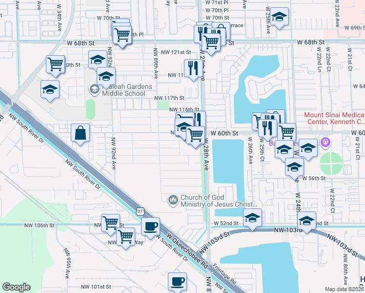 map of restaurants, bars, coffee shops, grocery stores, and more near 11325 Northwest 88th Avenue in Hialeah
