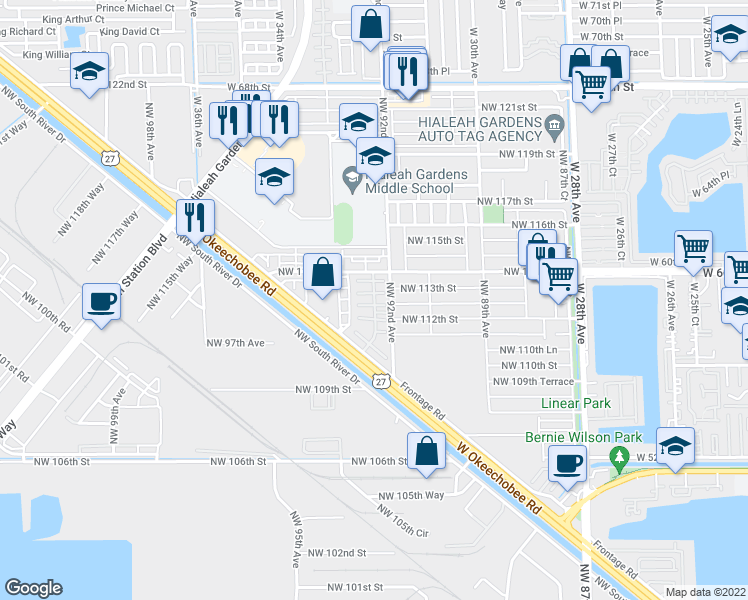 map of restaurants, bars, coffee shops, grocery stores, and more near 10949 Northwest 92nd Avenue in Hialeah Gardens