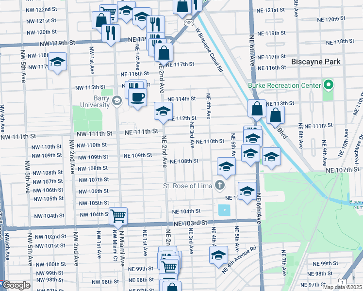 map of restaurants, bars, coffee shops, grocery stores, and more near 266 Northeast 110th Street in Miami