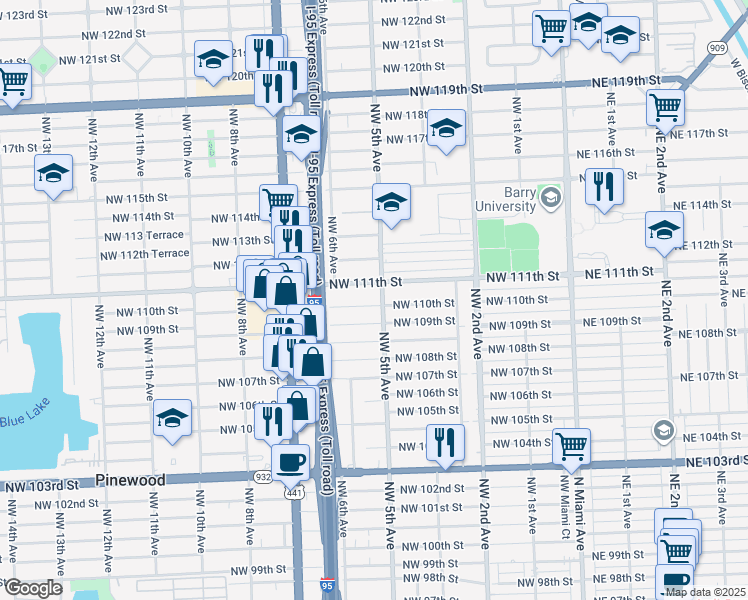 map of restaurants, bars, coffee shops, grocery stores, and more near 11030 Northwest 5th Avenue in Miami