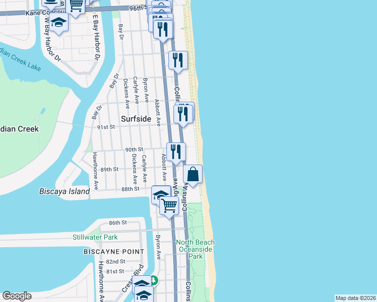 map of restaurants, bars, coffee shops, grocery stores, and more near in Surfside