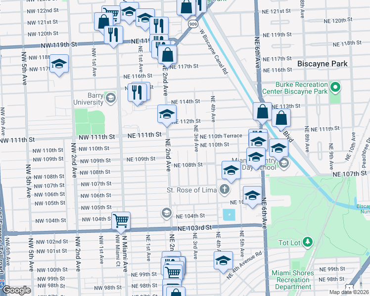 map of restaurants, bars, coffee shops, grocery stores, and more near 266 Northeast 110th Street in Miami