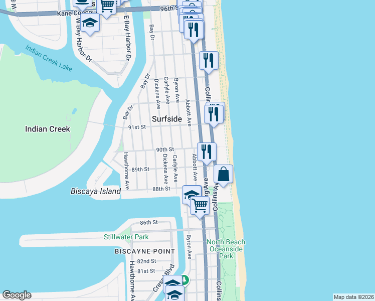 map of restaurants, bars, coffee shops, grocery stores, and more near 9017 Byron Avenue in Surfside