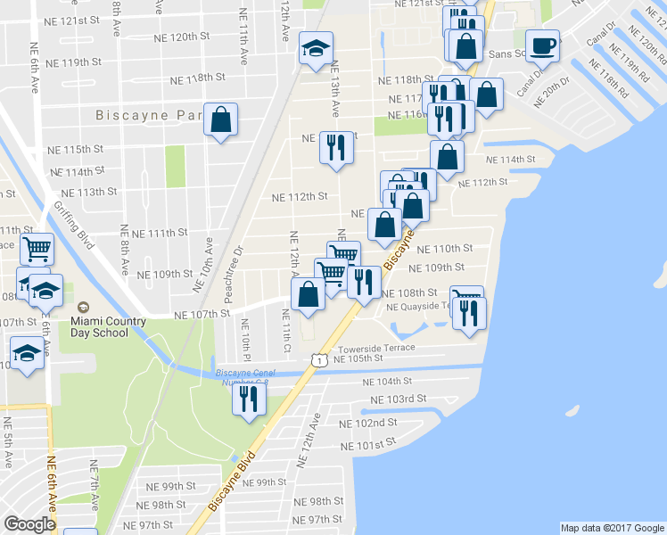 map of restaurants, bars, coffee shops, grocery stores, and more near 1284 Northeast 110th Street in Miami