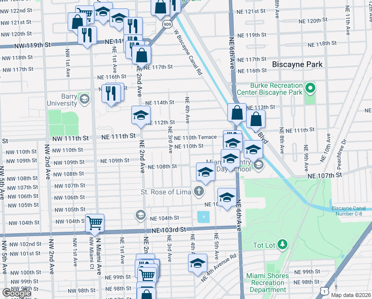 map of restaurants, bars, coffee shops, grocery stores, and more near 11010 Northeast 4th Avenue in Miami