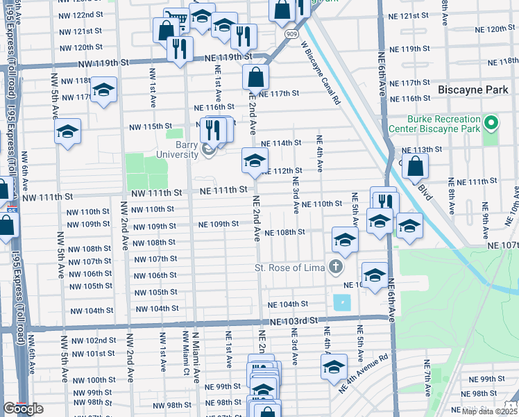 map of restaurants, bars, coffee shops, grocery stores, and more near 177 Northeast 110th Street in Miami Shores