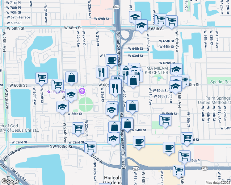 map of restaurants, bars, coffee shops, grocery stores, and more near 5904 West 20th Avenue in Hialeah