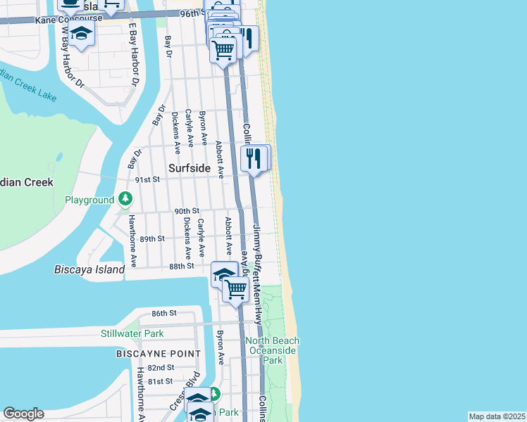 map of restaurants, bars, coffee shops, grocery stores, and more near 8995 Collins Avenue in Surfside