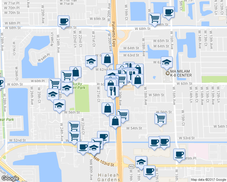 map of restaurants, bars, coffee shops, grocery stores, and more near 5904 West 20th Avenue in Hialeah