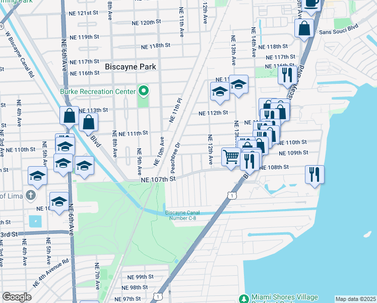 map of restaurants, bars, coffee shops, grocery stores, and more near 1124 Northeast 110th Street in Miami