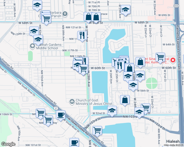 map of restaurants, bars, coffee shops, grocery stores, and more near 5913 West 28th Avenue in Hialeah