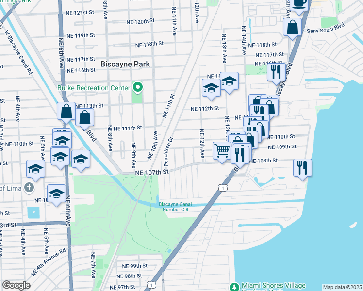 map of restaurants, bars, coffee shops, grocery stores, and more near 1124 Northeast 110th Street in Miami