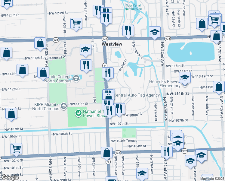 map of restaurants, bars, coffee shops, grocery stores, and more near 11249 Northwest 27th Avenue in Miami