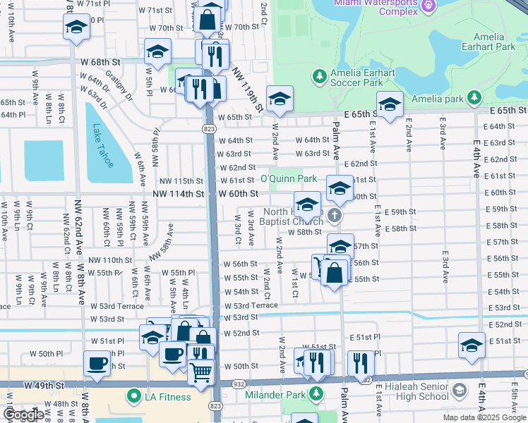 map of restaurants, bars, coffee shops, grocery stores, and more near 241 West 59th Street in Hialeah