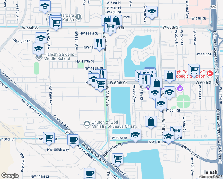 map of restaurants, bars, coffee shops, grocery stores, and more near 5951 West 28th Avenue in Hialeah