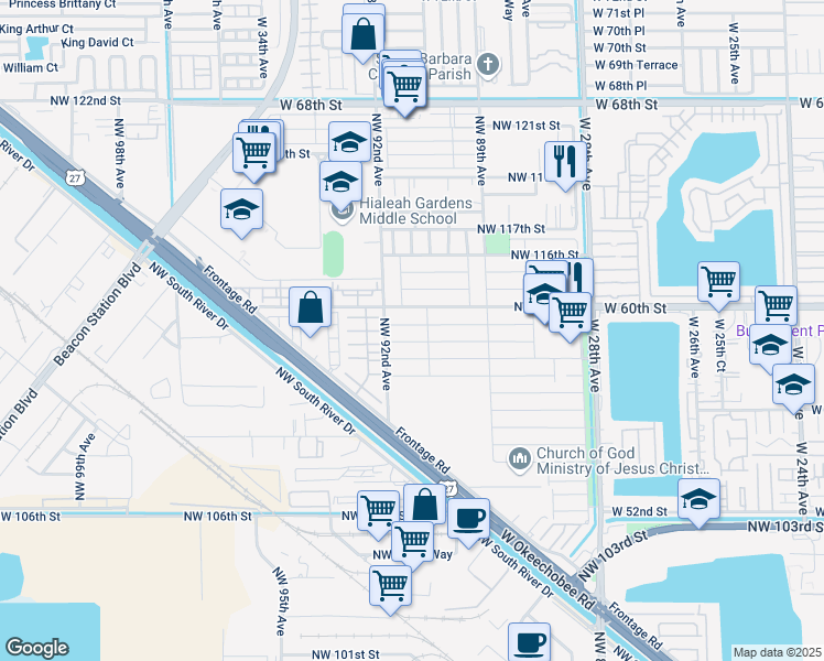 map of restaurants, bars, coffee shops, grocery stores, and more near 9115 Northwest 113th Street in Hialeah Gardens