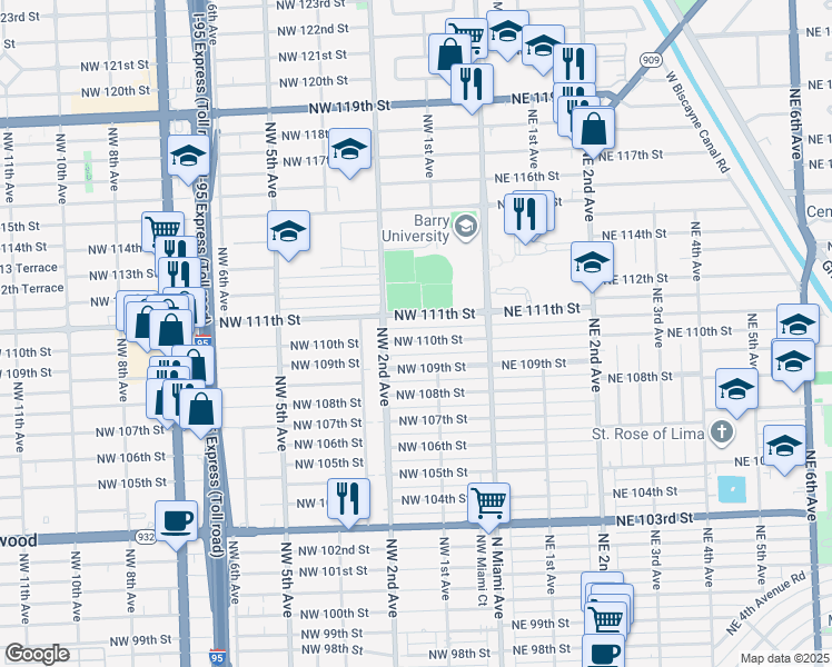 map of restaurants, bars, coffee shops, grocery stores, and more near 143 Northwest 110th Street in Miami Shores
