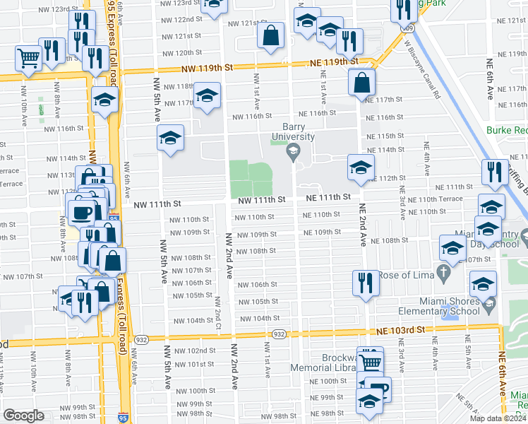 map of restaurants, bars, coffee shops, grocery stores, and more near 118 Northwest 111th Street in Miami Shores