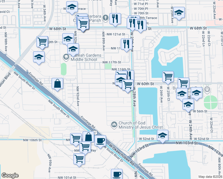 map of restaurants, bars, coffee shops, grocery stores, and more near 8889 Northwest 113th Street in Hialeah Gardens