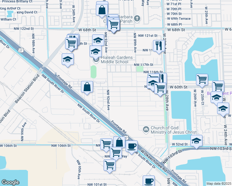map of restaurants, bars, coffee shops, grocery stores, and more near 9115 Northwest 113th Street in Hialeah Gardens
