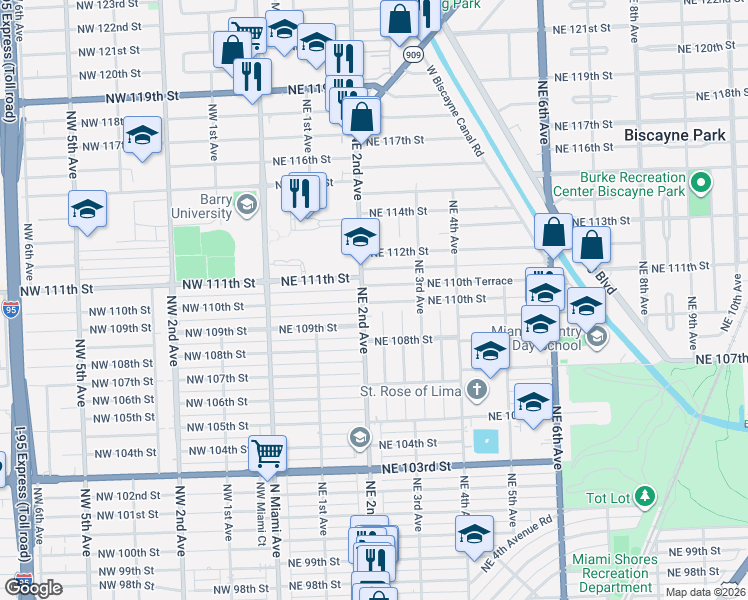map of restaurants, bars, coffee shops, grocery stores, and more near 240 Northeast 110th Terrace in Miami